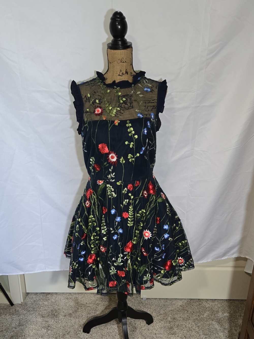 City Studio Navy Mini Dress with Red & Blue Floral Embroidery